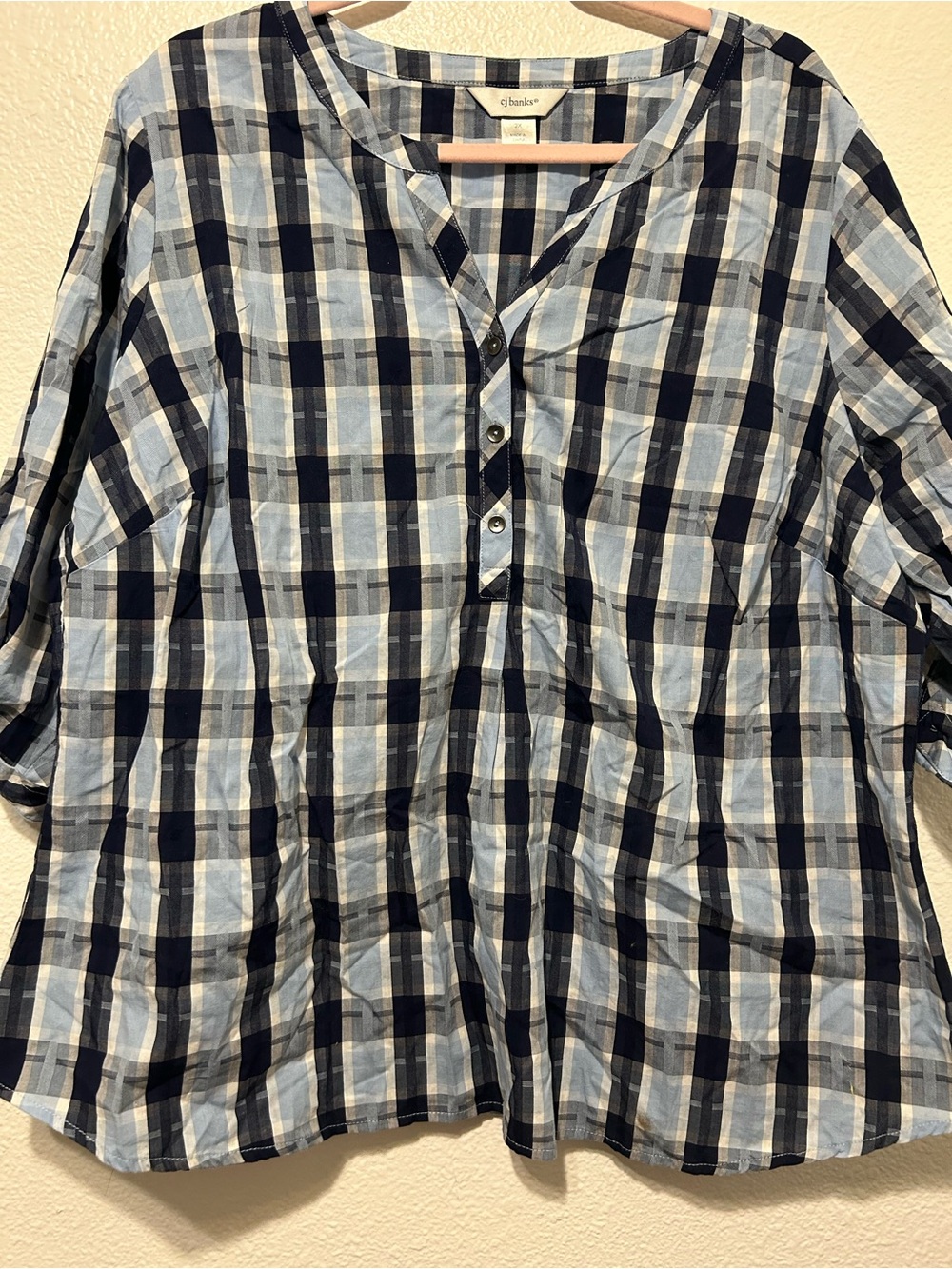 CJ Banks Light Blue and Navy Plaid Button-Neck Shirt